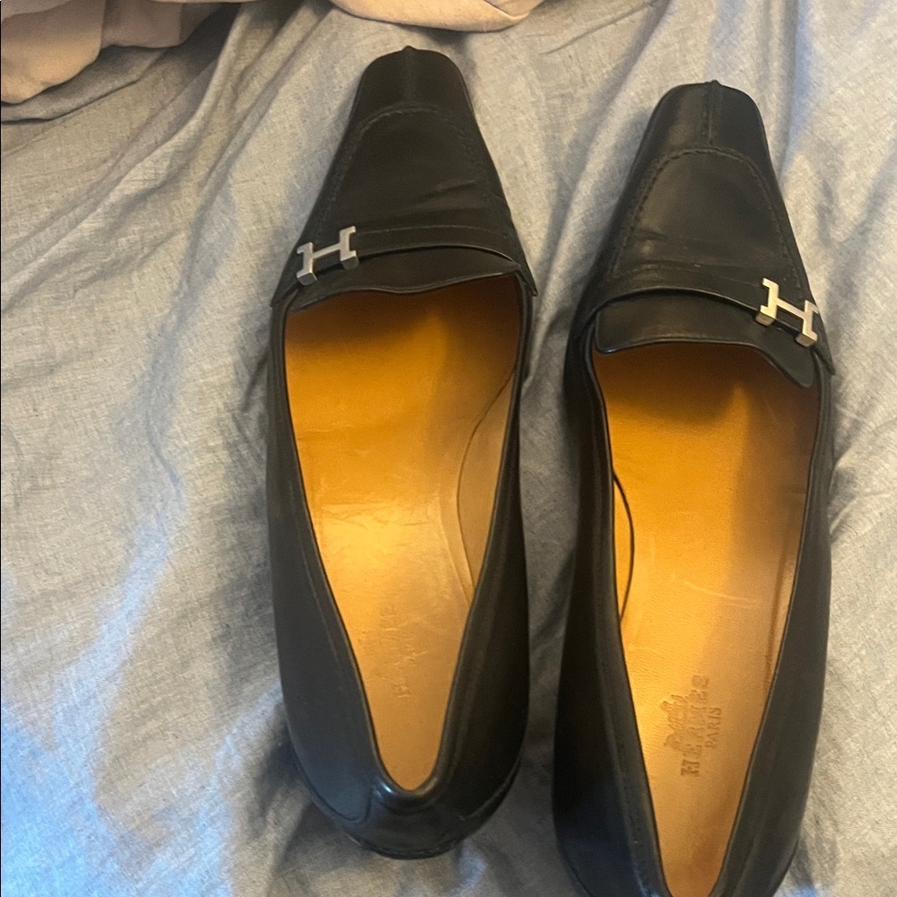 Hermes Black Leather Loafers with Silver Detail